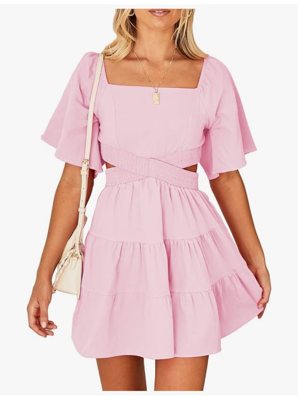 Like new - Women’s Pink Square-Neck Tiered Mini Dress with Cutout Waist